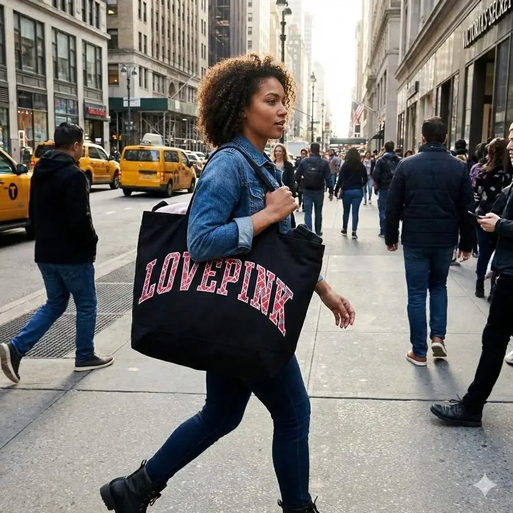 NWT Victoria’s Secret PINK Large Black Plaid Print Love Pink Logo Tote